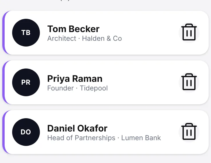The Contacts screen listing three people met: Tom Becker, Priya Raman and Daniel Okafor.