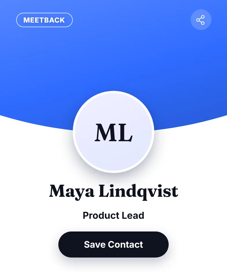 Maya's card as it opens in the other person's browser, with a Save Contact button.